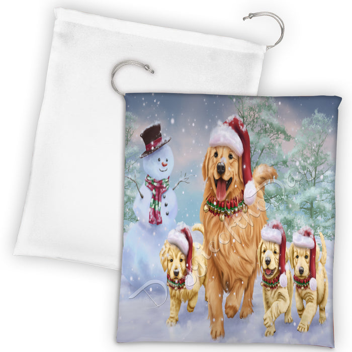 Christmas Running Fammily Golden Retriever Drawstring Laundry or Gift Bag LGB48227