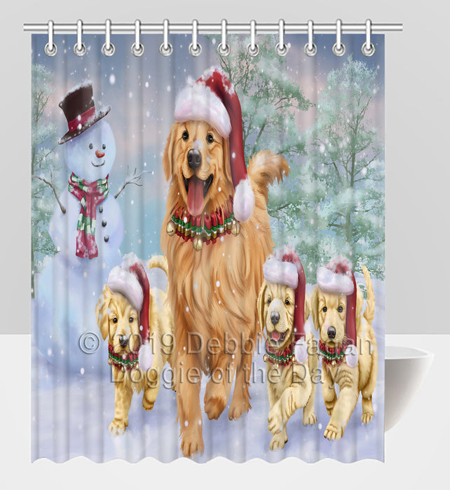 Christmas Running Fammily Golden Retriever Dogs Shower Curtain