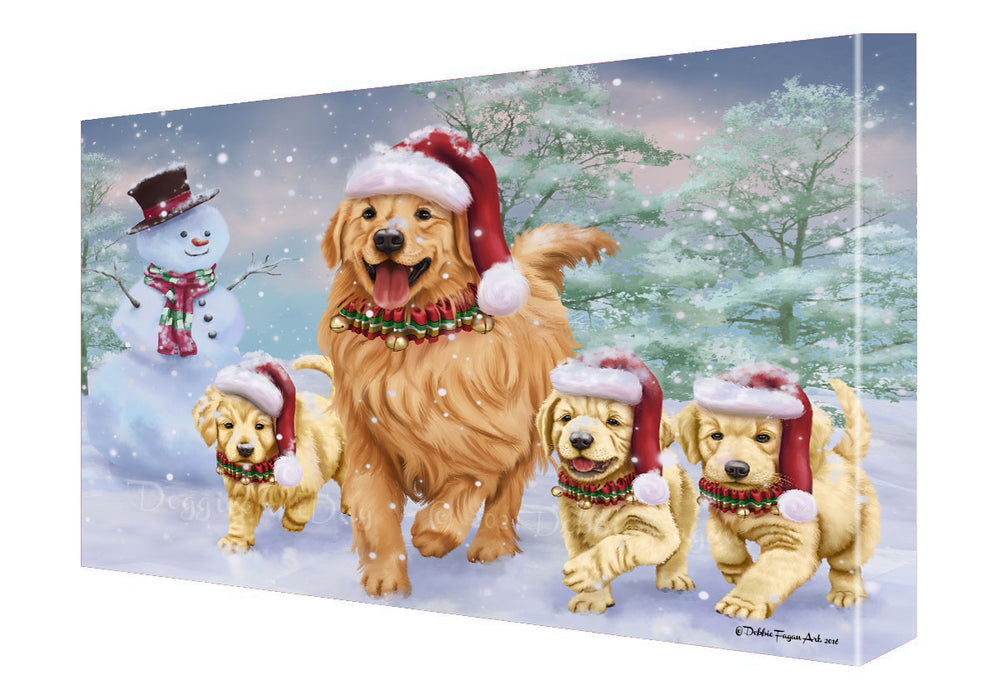 Christmas Running Family Golden Retriever Dogs Canvas Wall Art - Premium Quality Ready to Hang Room Decor Wall Art Canvas - Unique Animal Printed Digital Painting for Decoration