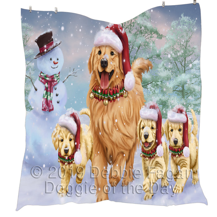Christmas Running Fammily Golden Retriever Dogs Quilt