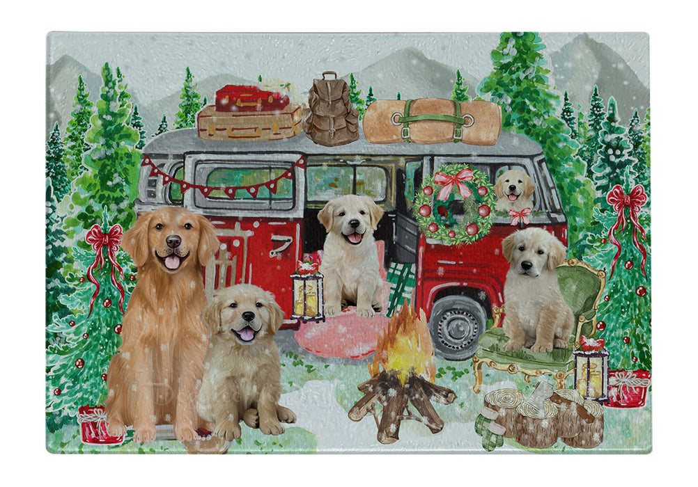 Christmas Time Camping with Golden Retriever Dogs Cutting Board - For Kitchen - Scratch & Stain Resistant - Designed To Stay In Place - Easy To Clean By Hand - Perfect for Chopping Meats, Vegetables
