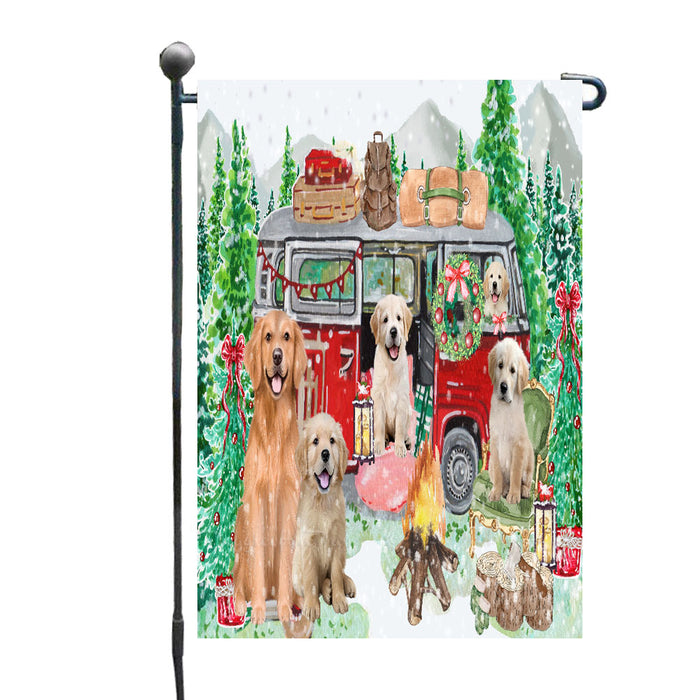 Christmas Time Camping with Golden Retriever Dogs Garden Flags- Outdoor Double Sided Garden Yard Porch Lawn Spring Decorative Vertical Home Flags 12 1/2"w x 18"h