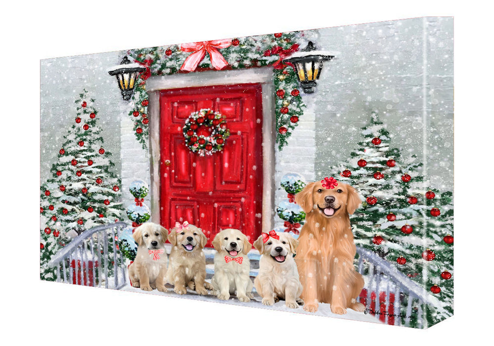 Christmas Holiday Welcome Golden Retriever Dogs Canvas Wall Art - Premium Quality Ready to Hang Room Decor Wall Art Canvas - Unique Animal Printed Digital Painting for Decoration
