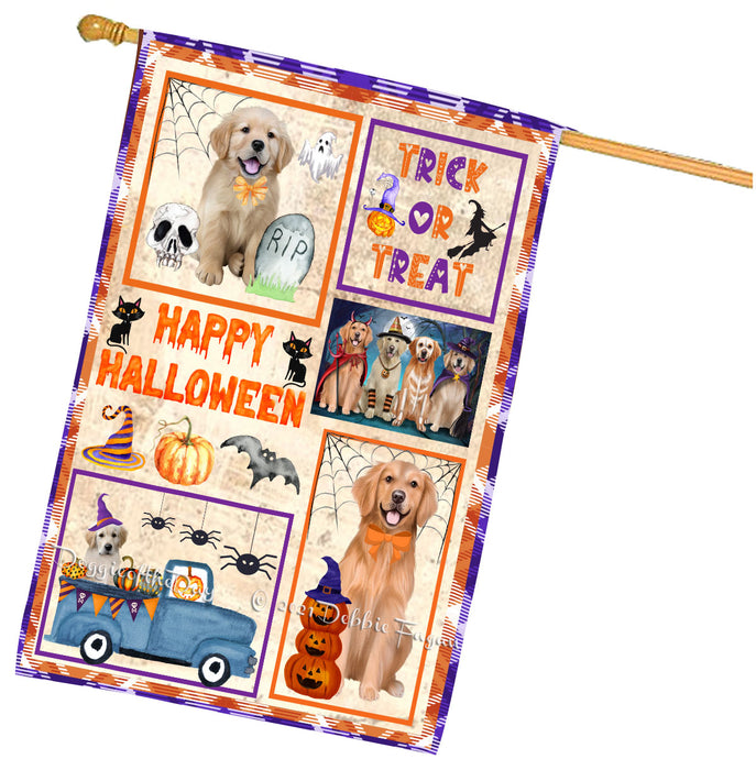 Happy Halloween Trick or Treat Golden Retriever Dogs House Flag Outdoor Decorative Double Sided Pet Portrait Weather Resistant Premium Quality Animal Printed Home Decorative Flags 100% Polyester