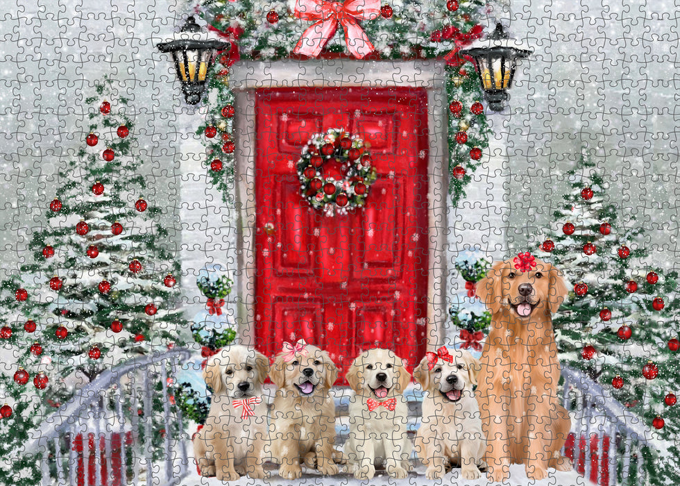 Christmas Holiday Welcome Golden Retriever Dogs Portrait Jigsaw Puzzle for Adults Animal Interlocking Puzzle Game Unique Gift for Dog Lover's with Metal Tin Box