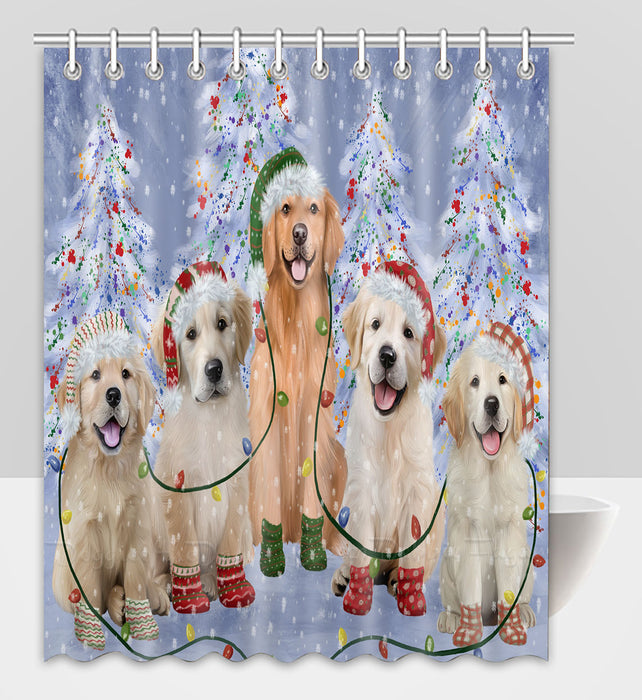 Christmas Lights and Golden Retriever Dogs Shower Curtain Pet Painting Bathtub Curtain Waterproof Polyester One-Side Printing Decor Bath Tub Curtain for Bathroom with Hooks