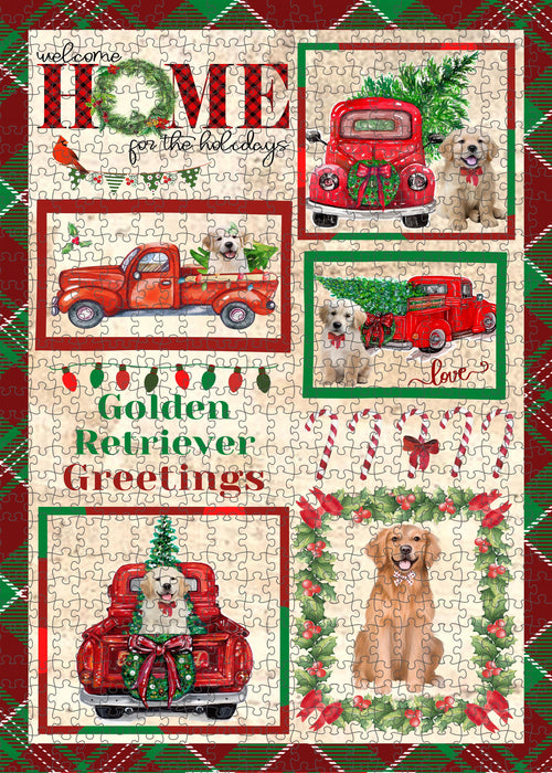 Welcome Home for Christmas Holidays Golden Retriever Dogs Portrait Jigsaw Puzzle for Adults Animal Interlocking Puzzle Game Unique Gift for Dog Lover's with Metal Tin Box