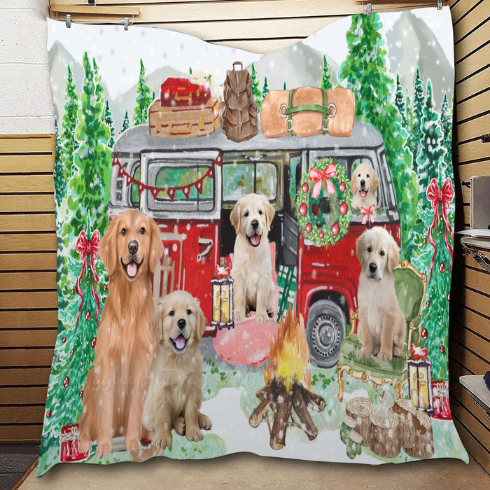 Christmas Time Camping with Golden Retriever Dogs  Quilt Bed Coverlet Bedspread - Pets Comforter Unique One-side Animal Printing - Soft Lightweight Durable Washable Polyester Quilt