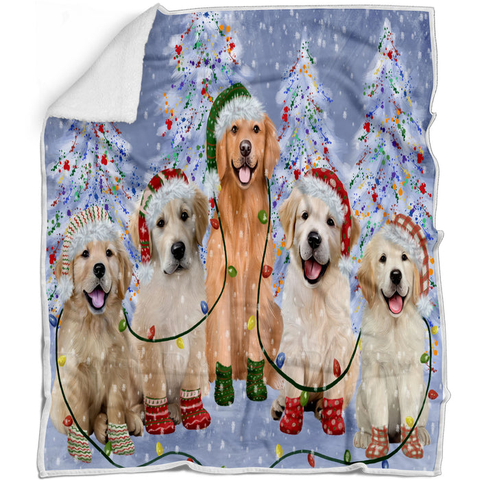 Christmas Lights and Golden Retriever Dogs Blanket - Lightweight Soft Cozy and Durable Bed Blanket - Animal Theme Fuzzy Blanket for Sofa Couch