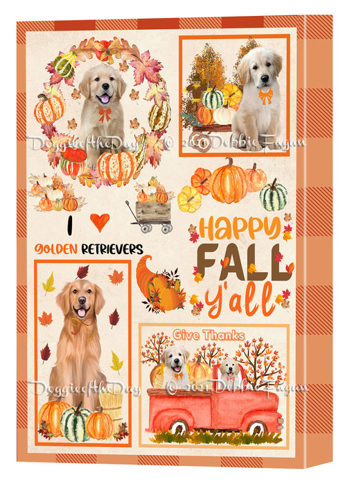 Happy Fall Y'all Pumpkin Golden Retriever Dogs Canvas Wall Art - Premium Quality Ready to Hang Room Decor Wall Art Canvas - Unique Animal Printed Digital Painting for Decoration