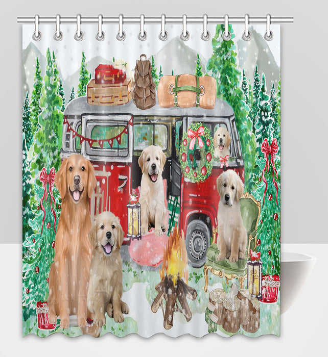 Christmas Time Camping with Golden Retriever Dogs Shower Curtain Pet Painting Bathtub Curtain Waterproof Polyester One-Side Printing Decor Bath Tub Curtain for Bathroom with Hooks