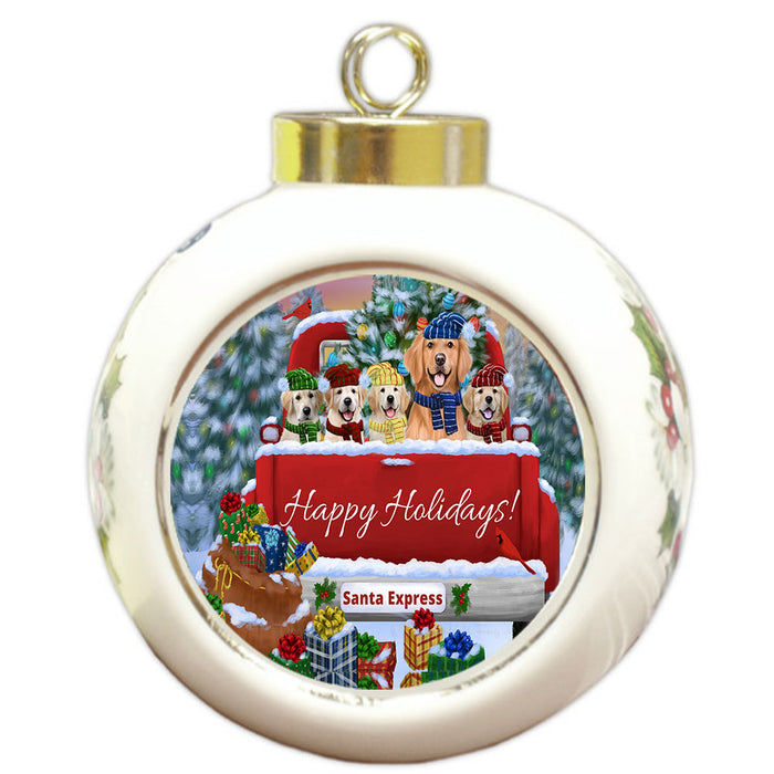 Christmas Red Truck Travlin Home for the Holidays Golden Retriever Dogs Round Ball Christmas Ornament Pet Decorative Hanging Ornaments for Christmas X-mas Tree Decorations - 3" Round Ceramic Ornament