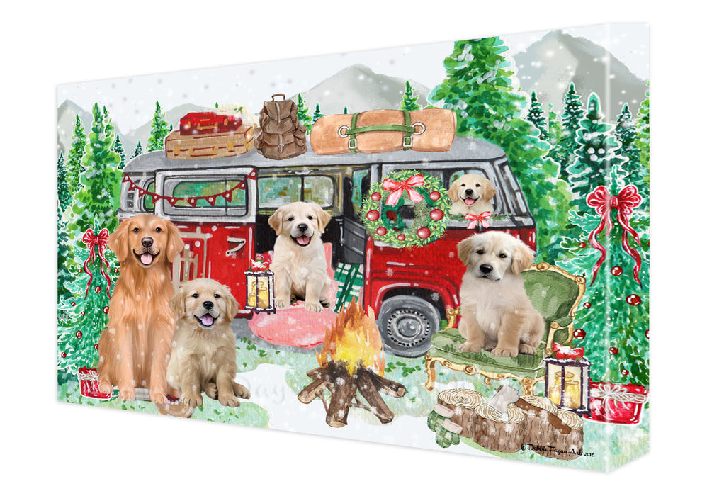 Christmas Time Camping with Golden Retriever Dogs Canvas Wall Art - Premium Quality Ready to Hang Room Decor Wall Art Canvas - Unique Animal Printed Digital Painting for Decoration