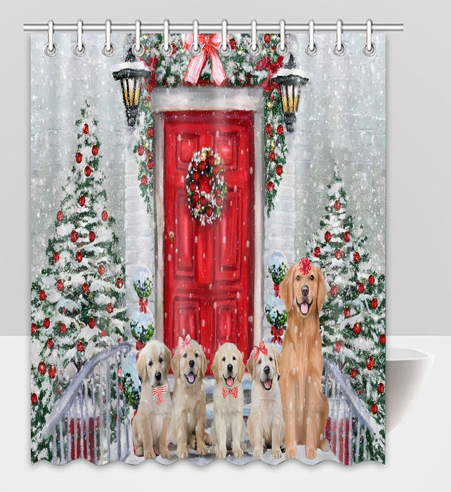 Christmas Holiday Welcome Golden Retriever Dogs Shower Curtain Pet Painting Bathtub Curtain Waterproof Polyester One-Side Printing Decor Bath Tub Curtain for Bathroom with Hooks