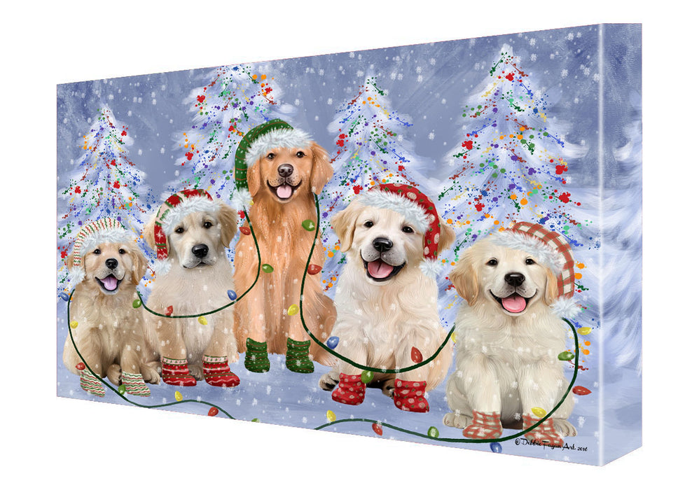 Christmas Lights and Golden Retriever Dogs Canvas Wall Art - Premium Quality Ready to Hang Room Decor Wall Art Canvas - Unique Animal Printed Digital Painting for Decoration