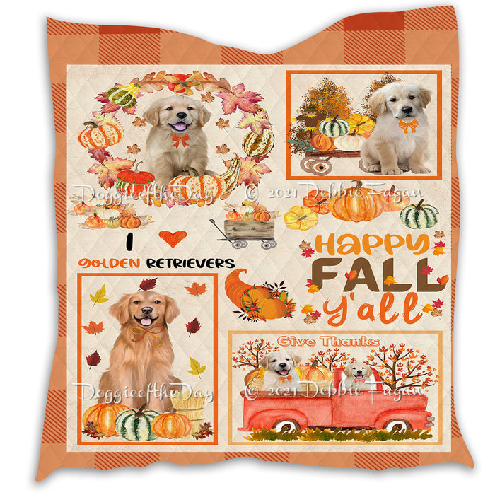 Happy Fall Y'all Pumpkin Golden Retriever Dogs Quilt Bed Coverlet Bedspread - Pets Comforter Unique One-side Animal Printing - Soft Lightweight Durable Washable Polyester Quilt