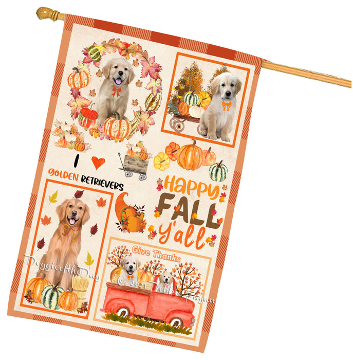 Happy Fall Y'all Pumpkin Golden Retriever Dogs House Flag Outdoor Decorative Double Sided Pet Portrait Weather Resistant Premium Quality Animal Printed Home Decorative Flags 100% Polyester