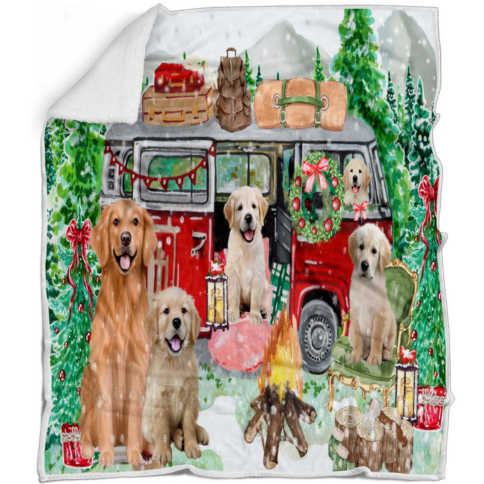 Christmas Time Camping with Golden Retriever Dogs Blanket - Lightweight Soft Cozy and Durable Bed Blanket - Animal Theme Fuzzy Blanket for Sofa Couch