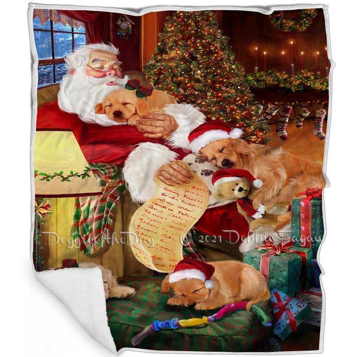 Golden Retriever Dog and Puppies Sleeping with Santa Blanket