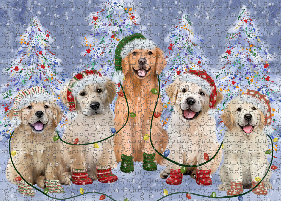 Christmas Lights and Golden Retriever Dogs Portrait Jigsaw Puzzle for Adults Animal Interlocking Puzzle Game Unique Gift for Dog Lover's with Metal Tin Box