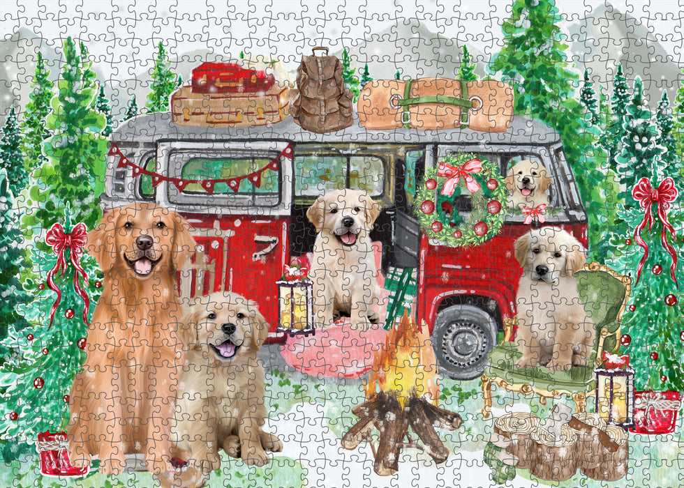 Christmas Time Camping with Golden Retriever Dogs Portrait Jigsaw Puzzle for Adults Animal Interlocking Puzzle Game Unique Gift for Dog Lover's with Metal Tin Box