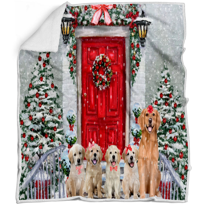 Christmas Holiday Welcome Golden Retriever Dogs Blanket - Lightweight Soft Cozy and Durable Bed Blanket - Animal Theme Fuzzy Blanket for Sofa Couch