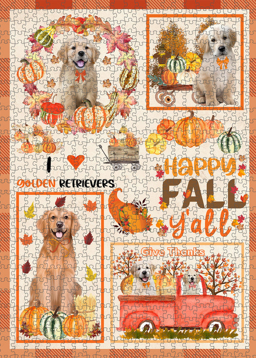 Happy Fall Y'all Pumpkin Golden Retriever Dogs Portrait Jigsaw Puzzle for Adults Animal Interlocking Puzzle Game Unique Gift for Dog Lover's with Metal Tin Box