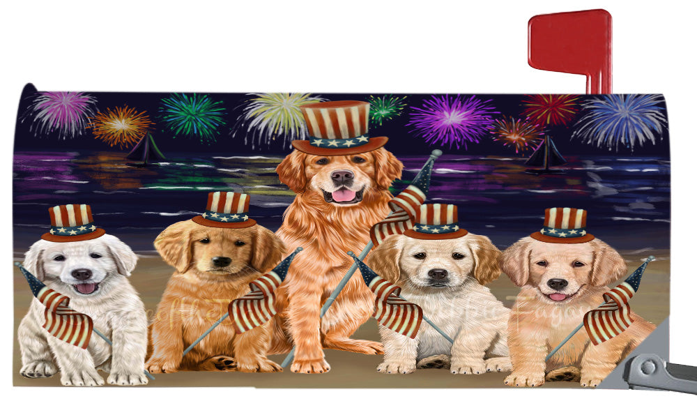 4th of July Independence Day Golden Retriever Dogs Magnetic Mailbox Cover Both Sides Pet Theme Printed Decorative Letter Box Wrap Case Postbox Thick Magnetic Vinyl Material