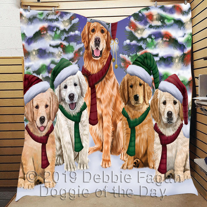 Golden Retriever Dogs Christmas Family Portrait in Holiday Scenic Background Quilt