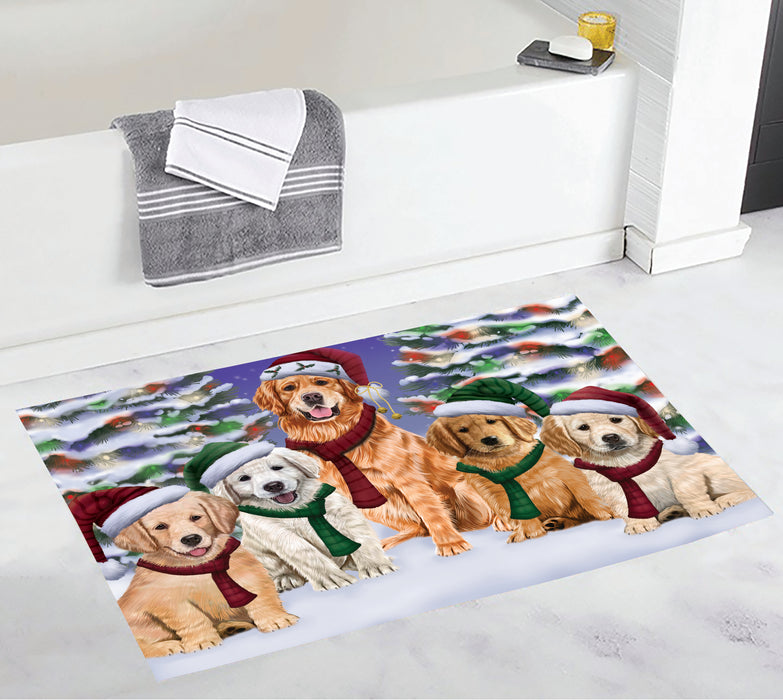 Golden Retriever Dogs Christmas Family Portrait in Holiday Scenic Background Bath Mat