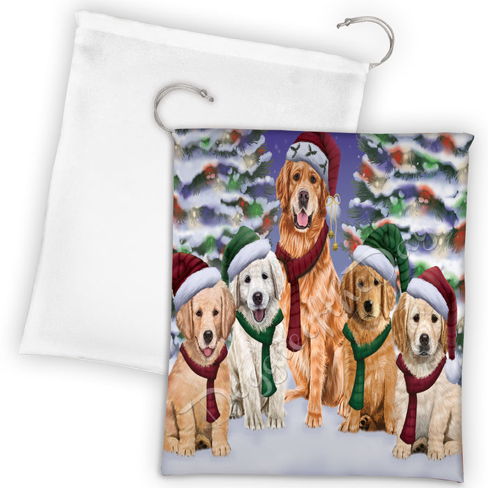 Golden Retriever Dogs Christmas Family Portrait in Holiday Scenic Background Drawstring Laundry or Gift Bag LGB48145