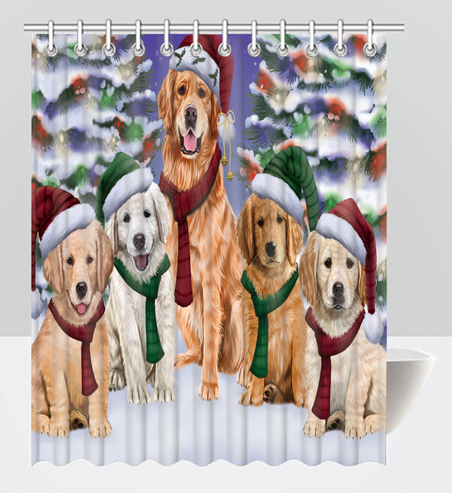 Golden Retriever Dogs Christmas Family Portrait in Holiday Scenic Background Shower Curtain