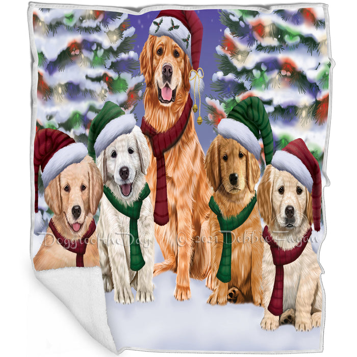 Golden Retrievers Dog Christmas Family Portrait in Holiday Scenic Background Art Portrait Print Woven Throw Sherpa Plush Fleece Blanket