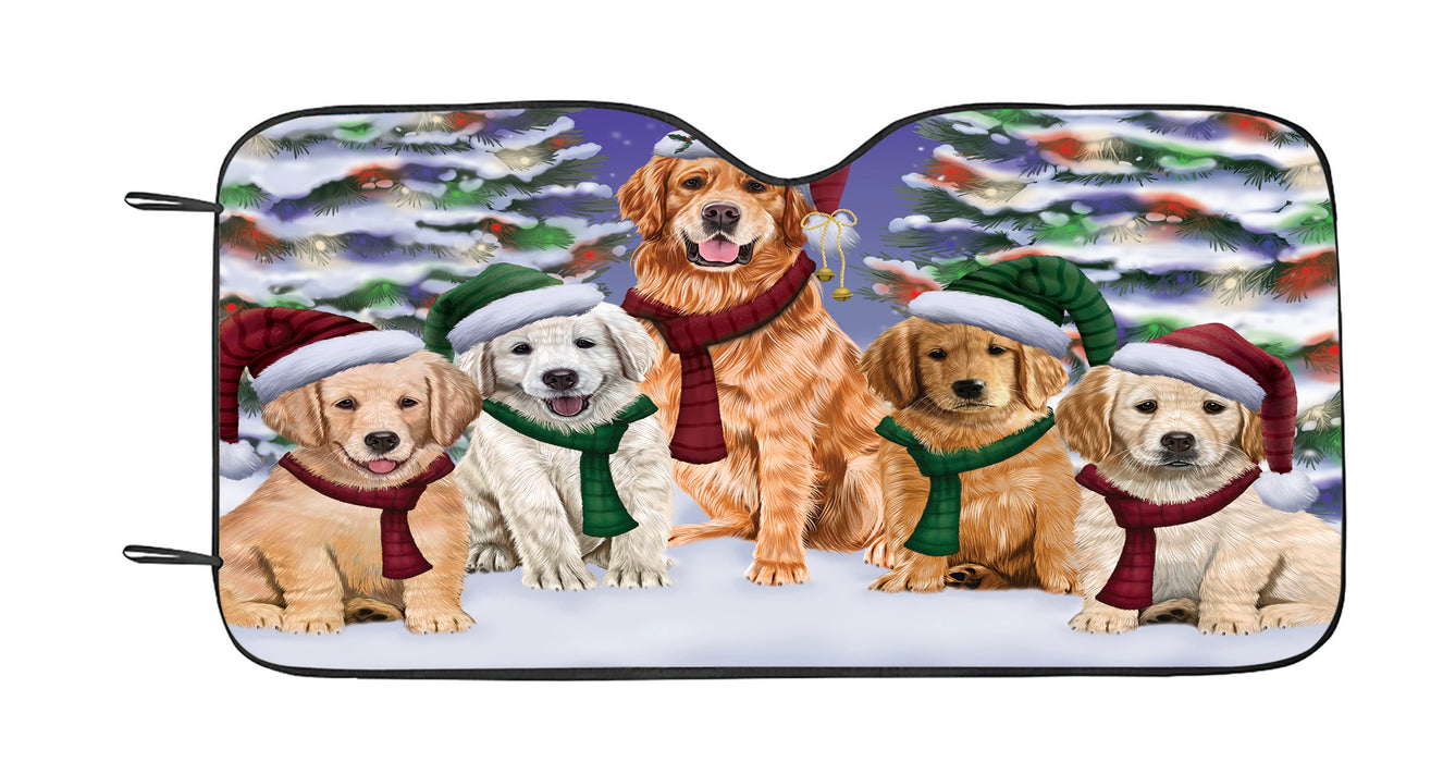 Golden Retriever Dogs Christmas Family Portrait in Holiday Scenic Background Car Sun Shade