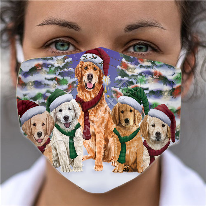Golden Retriever Dogs Christmas Family Portrait in Holiday Scenic Background Face Mask FM48347