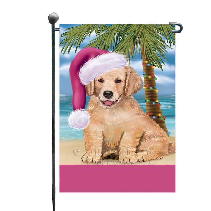 Personalized Summertime Happy Holidays Christmas Golden Retriever Dog on Tropical Island Beach  Custom Garden Flags GFLG-DOTD-A60484