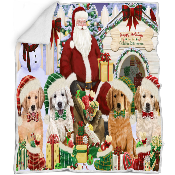 Happy Holidays Christmas Golden Retrievers Dog House Gathering Blanket BLNKT78618