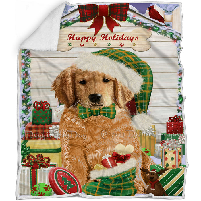 Happy Holidays Christmas Golden Retriever Dog House with Presents Blanket BLNKT78996