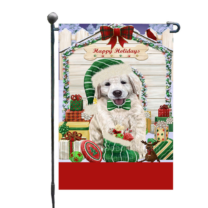 Personalized Happy Holidays Christmas Golden Retriever Dog House with Presents Custom Garden Flags GFLG-DOTD-A59324