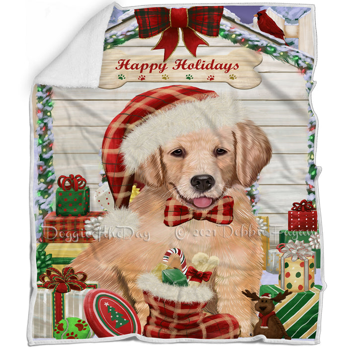 Happy Holidays Christmas Golden Retriever Dog House with Presents Blanket BLNKT79014
