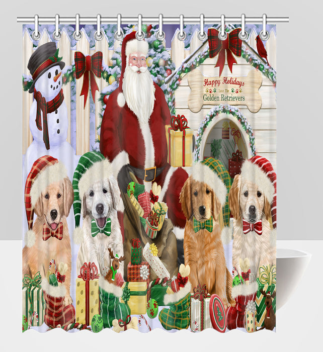 Happy Holidays Christmas Golden Retriever Dogs House Gathering Shower Curtain