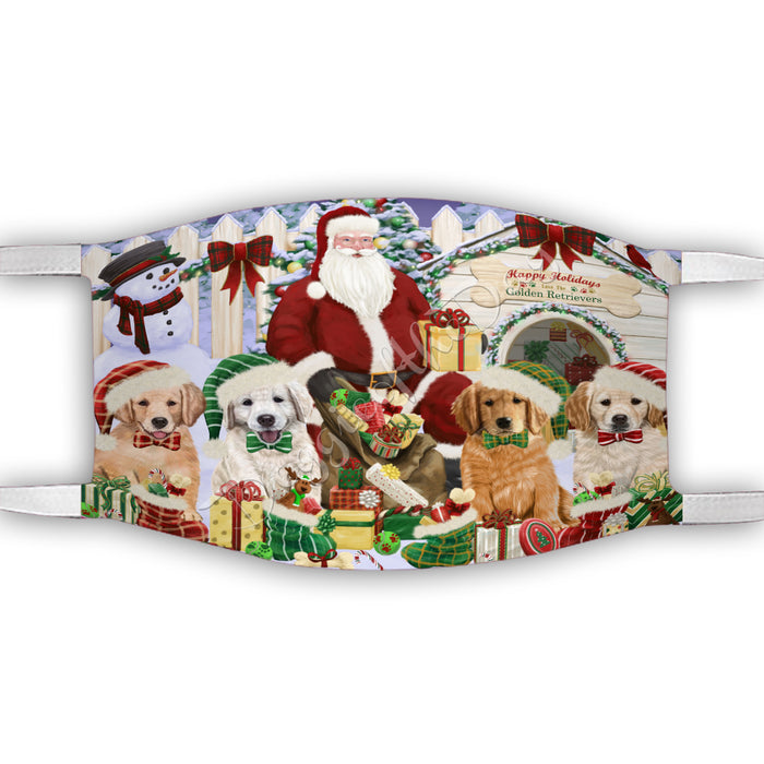 Happy Holidays Christmas Golden Retriever Dogs House Gathering Face Mask FM48250