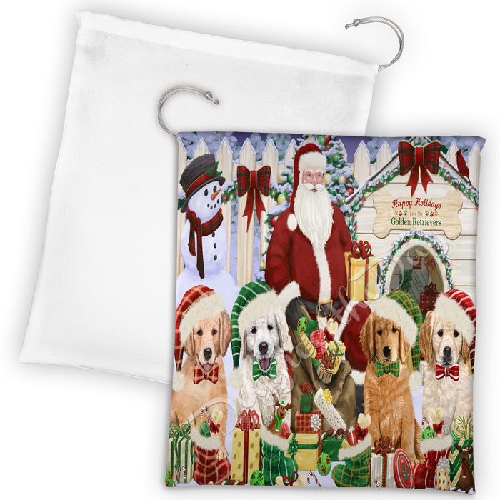 Happy Holidays Christmas Golden Retriever Dogs House Gathering Drawstring Laundry or Gift Bag LGB48048