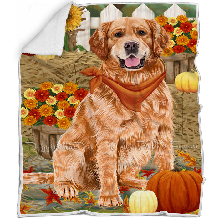 Fall Autumn Greeting Golden Retriever Dog with Pumpkins Blanket BLNKT72876