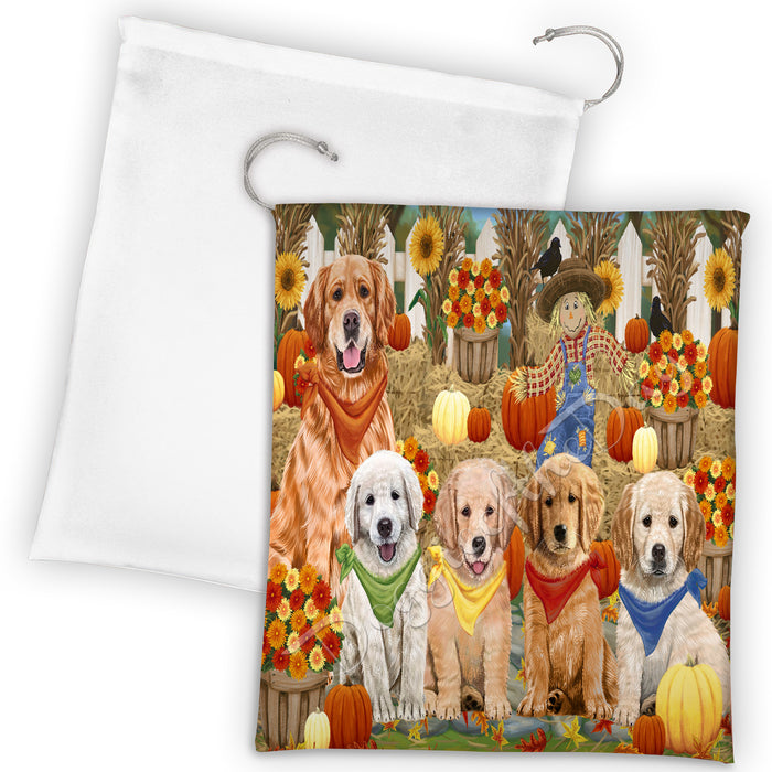Fall Festive Harvest Time Gathering Golden Retriever Dogs Drawstring Laundry or Gift Bag LGB48406