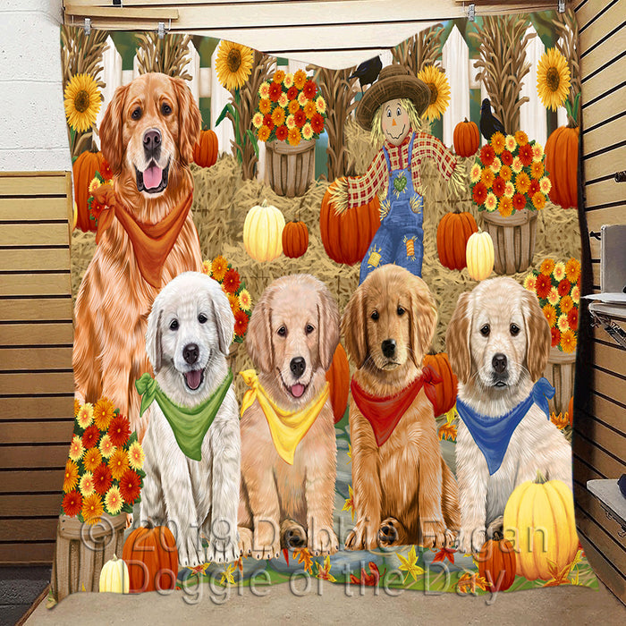 Fall Festive Harvest Time Gathering Golden Retriever Dogs Quilt