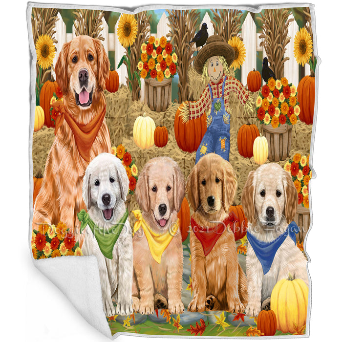 Fall Festive Gathering Golden Retrievers Dog with Pumpkins Blanket BLNKT71886