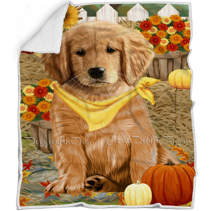 Fall Autumn Greeting Golden Retriever Dog with Pumpkins Blanket BLNKT72885