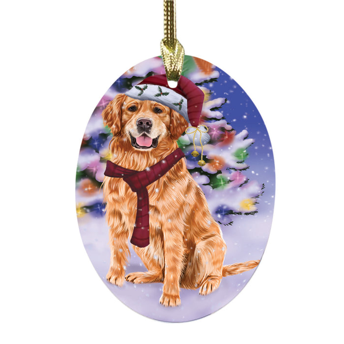 Winterland Wonderland Golden Retriever Dog In Christmas Holiday Scenic Background Oval Glass Christmas Ornament OGOR49576