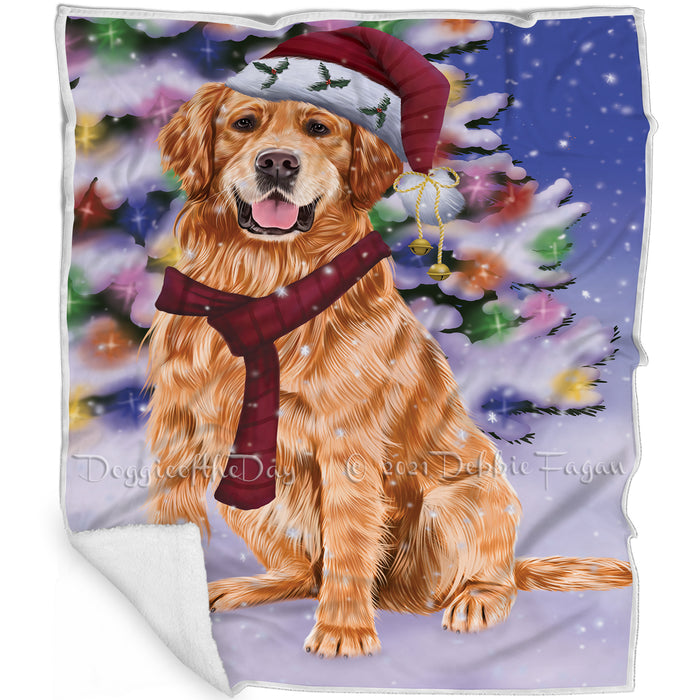 Winterland Wonderland Golden Retrievers Adult Dog In Christmas Holiday Scenic Background Blanket